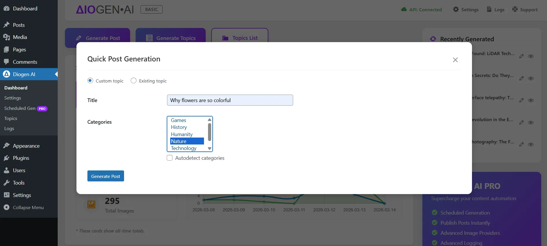 Diogen AI Post Generation Settings