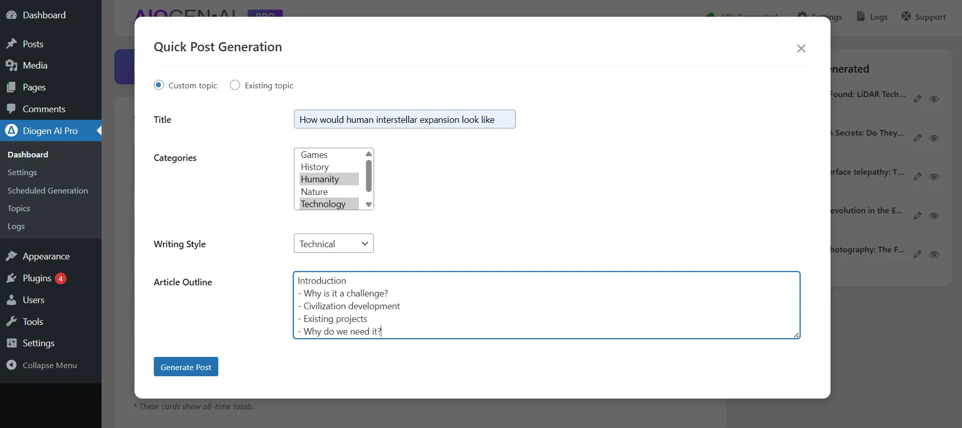 Diogen AI Pro Generation Features