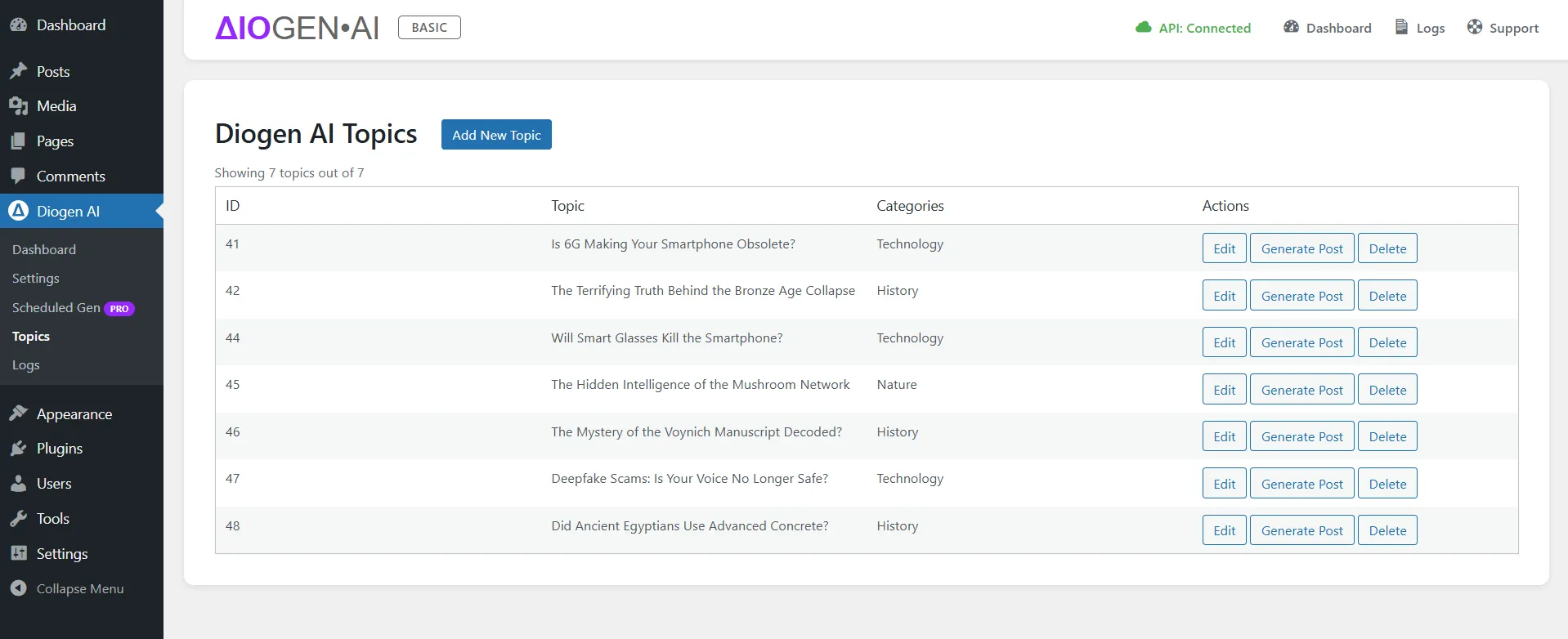 Diogen AI Topics List